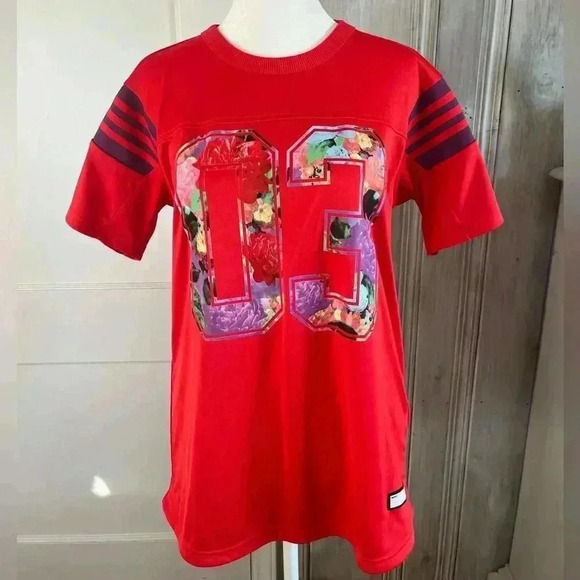 ADIDAS Floral graphic 03 striped sleeve Red Jersey tee oversized blokecore S - Picture 1 of 15